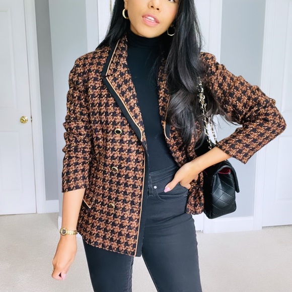 Vintage | Brown and Gold Tweed Double Breasted Houndstooth Blazer - Picture 13 of 13